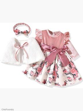 Baby Girls Floral Dress & Velvet Cardigan Set 2-Piece Long Sleeve
